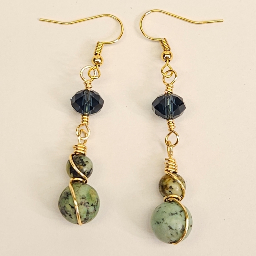 African Turquoise and Dark Blue Crystal Beaded Earrings